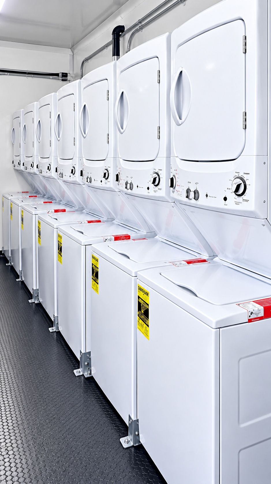 Rows of commercial washers and dryers inside a 24 ft mobile laundry trailer